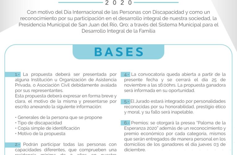 Lanza DIF San Juan Del Río convocatoria a la paloma de la esperanza para reconocer a personas con capacidades diferentes