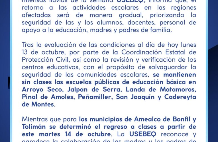 USEBEQ anuncia retorno gradual a clases en municipios afectados por las lluvias en Querétaro