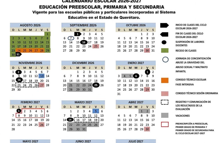 Querétaro publica calendario escolar 2026-2027; ciclo inicia el 31 de agosto